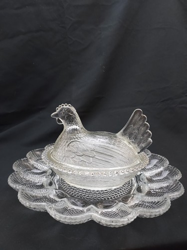 Indiana Glass Hobnail Deviled Egg Dish Serving Plate Tray 11” With Nesting Hen - Picture 2 of 8