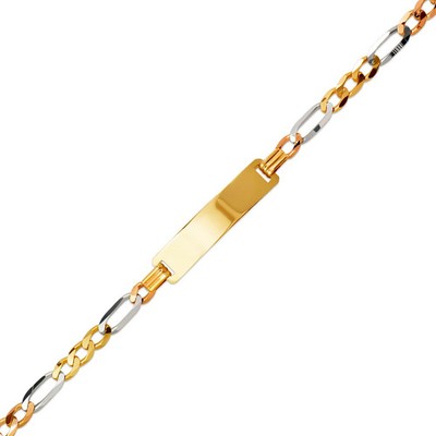 14K Tricolor Gold 6mm Kids Square ID 4mm Figaro Chain Bracelet 6'' Engraving