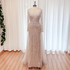 Elegant Evening Dress for Women Long Sleeves Mermaid Detachable Train Pearls