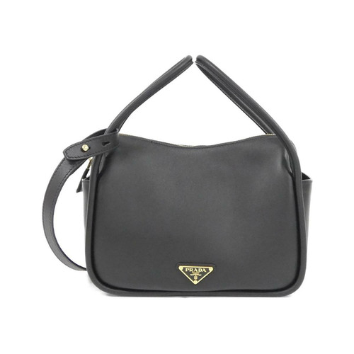 Prada 1BA451 Soft Grain Leather Bag Nero Gold Off-White Used