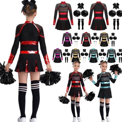 DE Mädchen Cheer Leader Cheerleading Kostüm Langarm Kleid mit Pompoms Socken Set