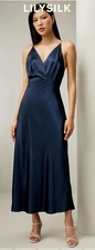 LilySilk Back Tie Silk Maxi Dress Elegant V Neck Dress Navy Blue Size 4 New