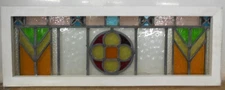 OLD ENGLISH LEADED STAINED GLASS WINDOW PRETTY COLORFUL TRANSOM 33.5" X 12.25"