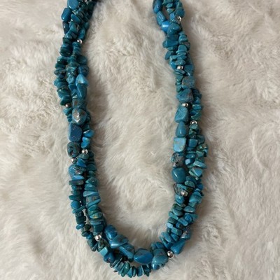 Multi-Strand Turquoise Chip Necklace Chunky Blue Statement Toggle Clasp 18'' Boho