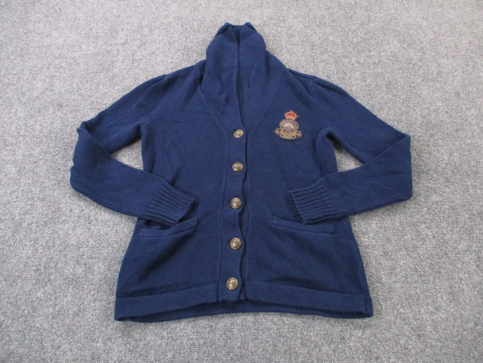 Lauren Ralph Lauren Sweater Womens M Navy Blue Cardigan Stretch Crest Patch Logo