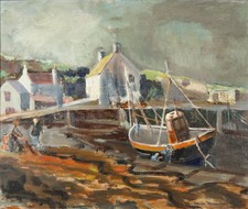 Stella Crawford Scottish Harbour Painting St Abbs Acrylic Signed Framed