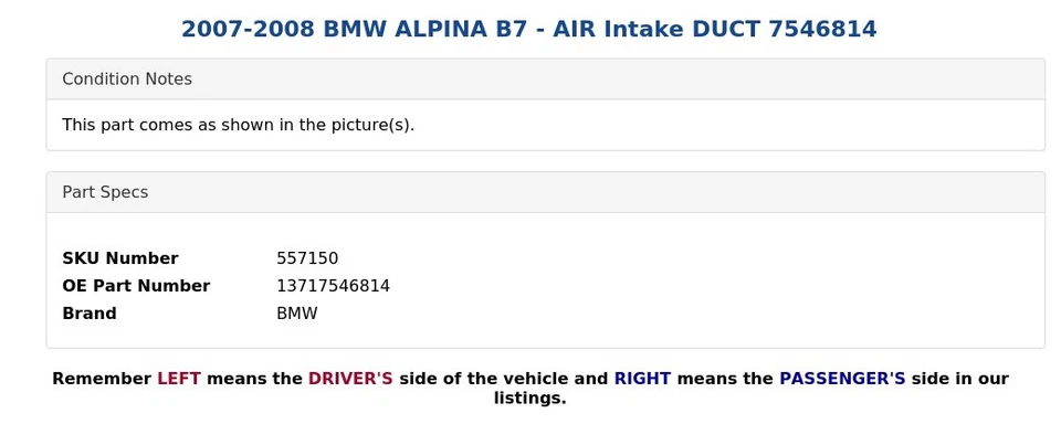 BMW ALPINA B7 2007-2008 - conducto de admisión de aire 7546814 Foto 4 de 4