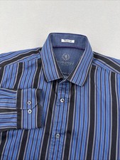 Bugatchi Shaped Fit Long Sleeve Button Down Mens M Blue Striped Flip Cuff