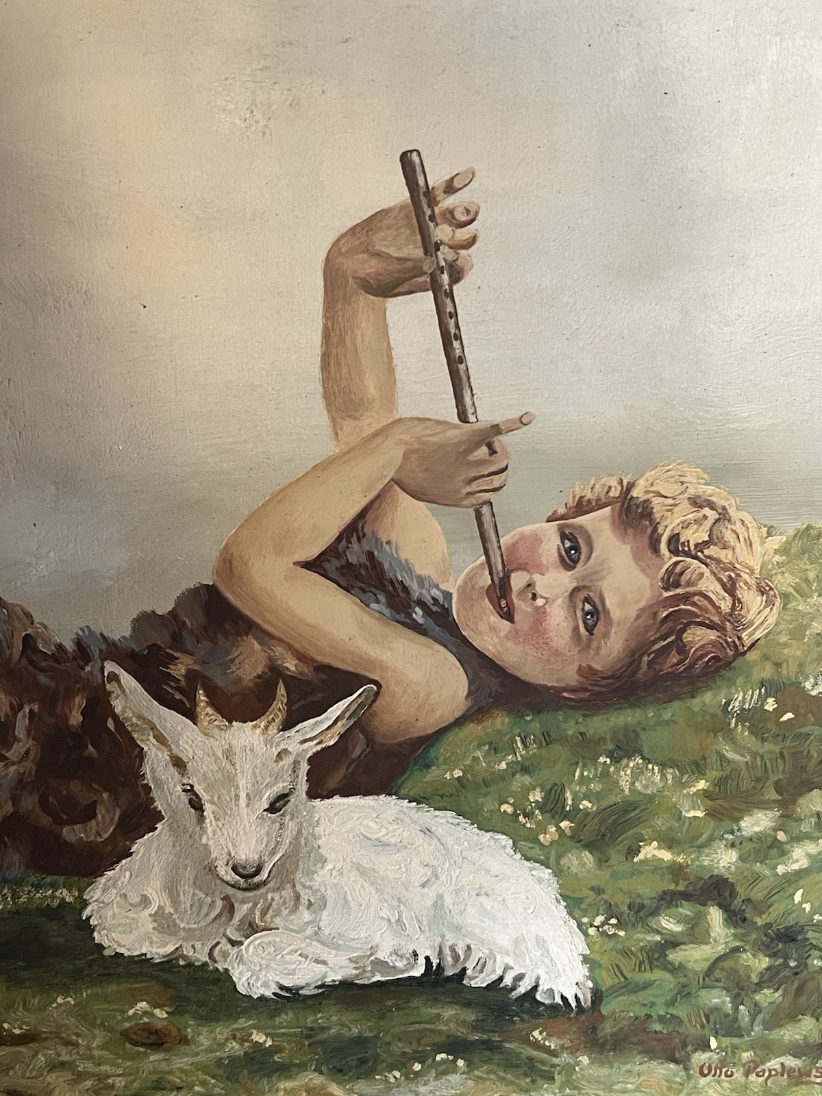 Ölgemälde Knabe mit Flöte und Ziege Hirtenjunge sign. 1946 Gemälde