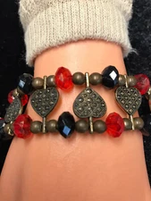 Watch Band Changeable Hook on Watch Band  with Black & Red Beads Vintage Bronze