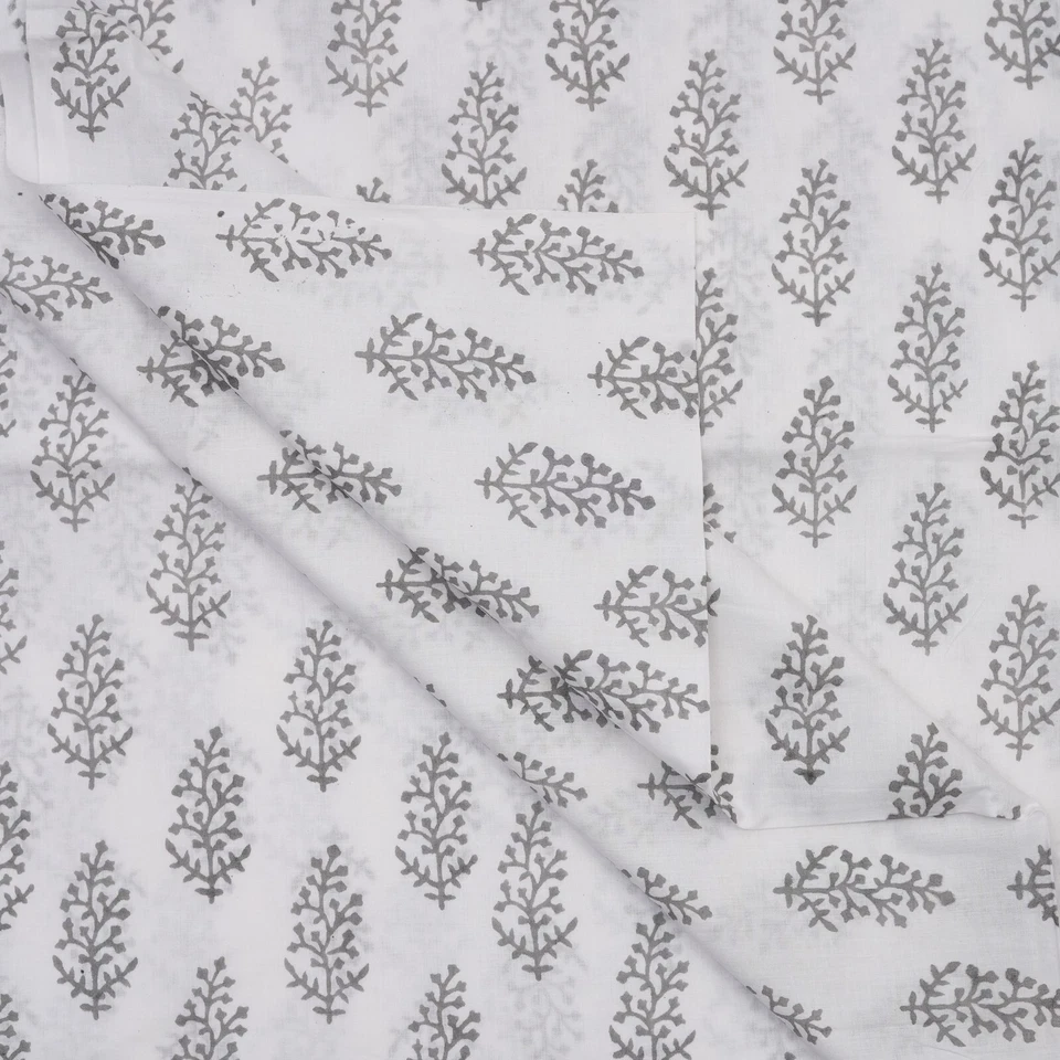 5 Yards Hand Block Print Fabric voile Cotton Indian Gray Sanganeri Print Fabric - Image 2 of 4
