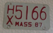 1987 Massachusetts  Motorcycle License Plate Tag HX5166