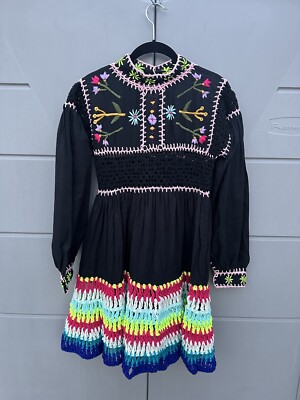 Celia B SCARLETT Black Floral Embroidered Crochet Handmade Tiered Dress  Boho M | eBay