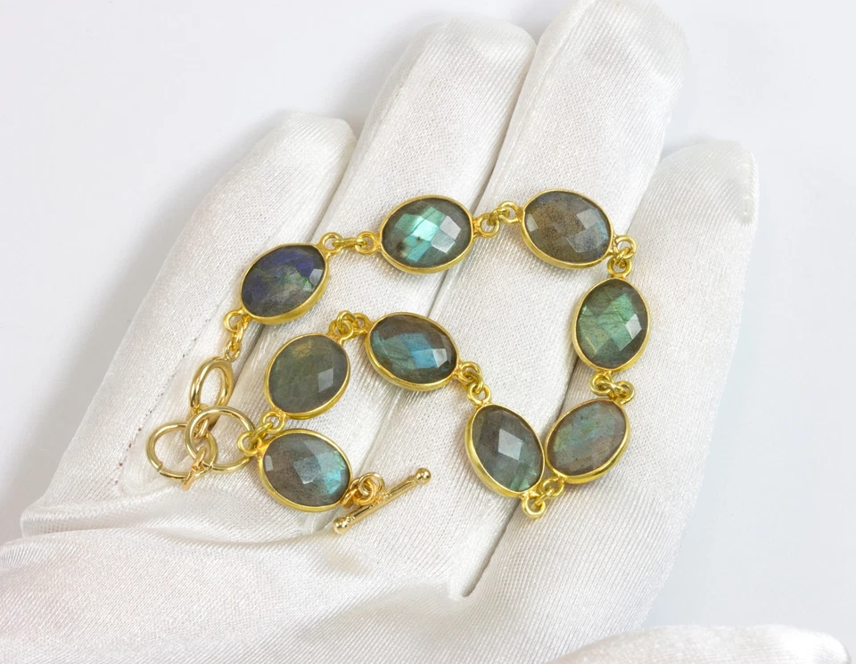 Labradorite Bracelet 14k Gold Filled 7 8 Inch Adjustable Bezel Chain Blue Oval - Image 2 of 3