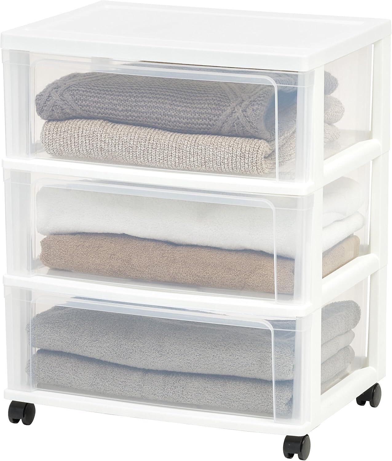 3-Drawers,Plastic Drawer Storage Organizer Rolling Cart,White/Clear