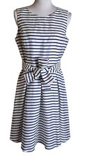 Nine West White Blue Stripe Pleated Dress Sz 6 Fit Flare Belted Nautical Preppy
