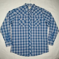 Men's XLT Vintage Wrangler Shirts LS Pearl Snap Western Blue White Plaid