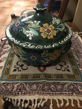 POTTERY COVERED DISH GREEN Flower Ceramic Lid ART GLAZE