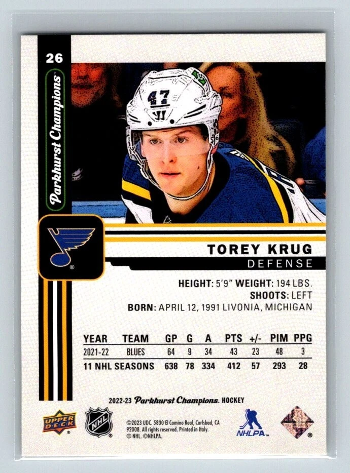 2022-23 Parkhurst Champions Hockey Card #26 Torey Krug St. Louis Blues - Image 2 of 2
