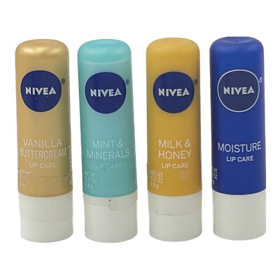4 Piece Nivea Lip Care Vanilla Buttercream Mint Minerals Milk Honey Moisture HTF