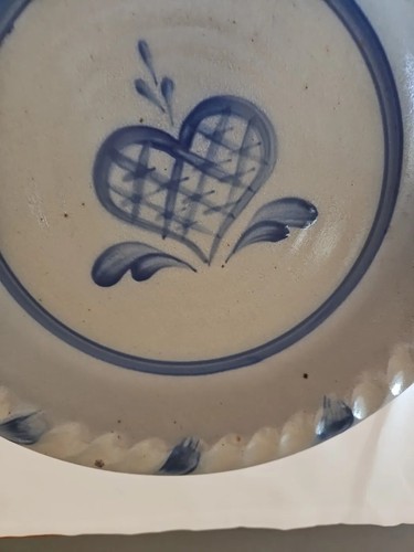 Rowe Pottery 1993 Stoneware Blue Salt Glazed Heart Pie Plate Dish 10" - Picture 4 of 11