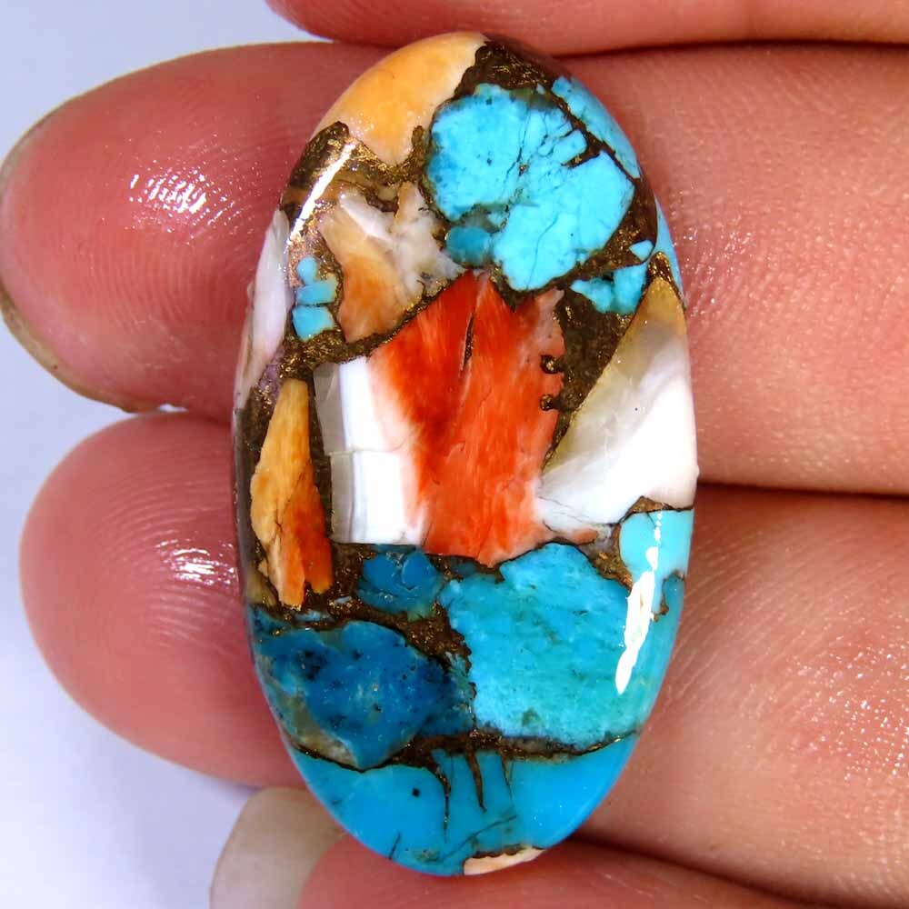 Cts Spiny Oyster Copper Turquoise Oval Cabochon 17x32x3mm Treated Gems