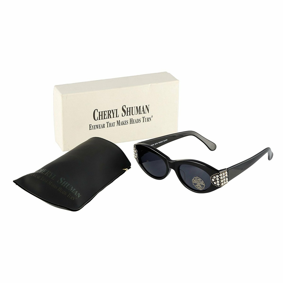 Cheryl Shuman Black Sunglasses with Sparkle Accents Cheryl Shuman Black Sunglasses with real Pearls on side | eBay main image 2