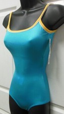 Body Wrappers P630 Turq Camisole Leotard shiny spandex w/flg gld trim lowback