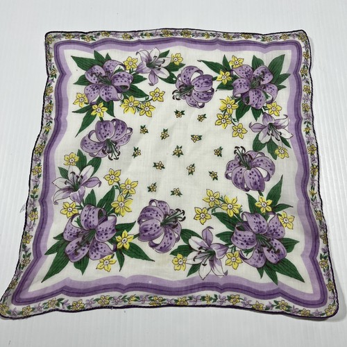 Fazzoletto vintage Hanky Hankie giallo viola narcisi giglio floreale 13"" quadrato