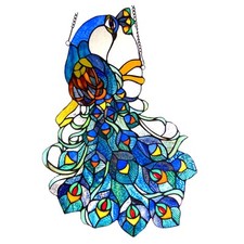 Stained Glass Window Panel Colorful Peacock Design 17" W x 25" T Suncatcher