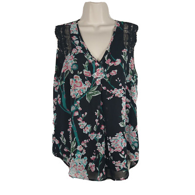 Daniel Rainn Floral Sleeveless Tank Top Women Size M Black Pink Green Sheer
