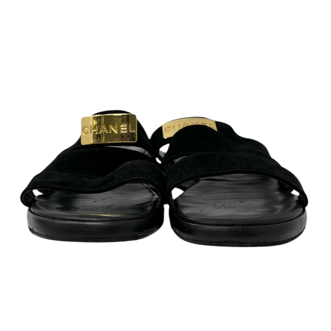 CHANEL Vintage CC Mark Logo Plate Slide Sandals #37-37.5 Black