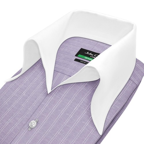 Camisa John Clothier Lila Blanco Lino Rayas Cuello Alto Abierto Lazo Hombres Cuello Alto - Imagen 13 de 13