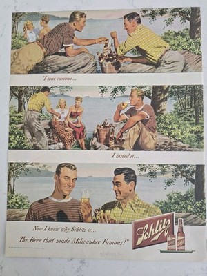 1948 Schlitz Beer made Milwaukee famous Drinking by lake vintage ad