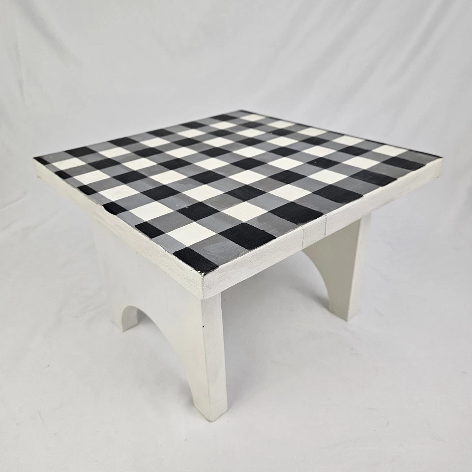 Vintage Farm Milking Stool Footstool Plant Stand Primitive Gingham Check Top - Image 2 of 4