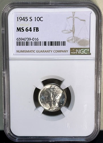 1945-S 10C MERCURY SILVER DIME "FULL BANDS" NGC MS64 FB