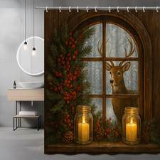 Cozy Christmas Shower Curtain with Deer and Candles Design