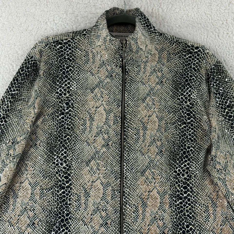 Chaqueta Exclusively Misook Mujer Mediana Marrón Negro Piel de Serpiente Lentejuelas Cremallera Completa Foto 3 de 4