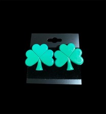 St. Patrick  s Day Green Shamrock Post Earrings, Irish Clover, Handmade, 1 1/8 in