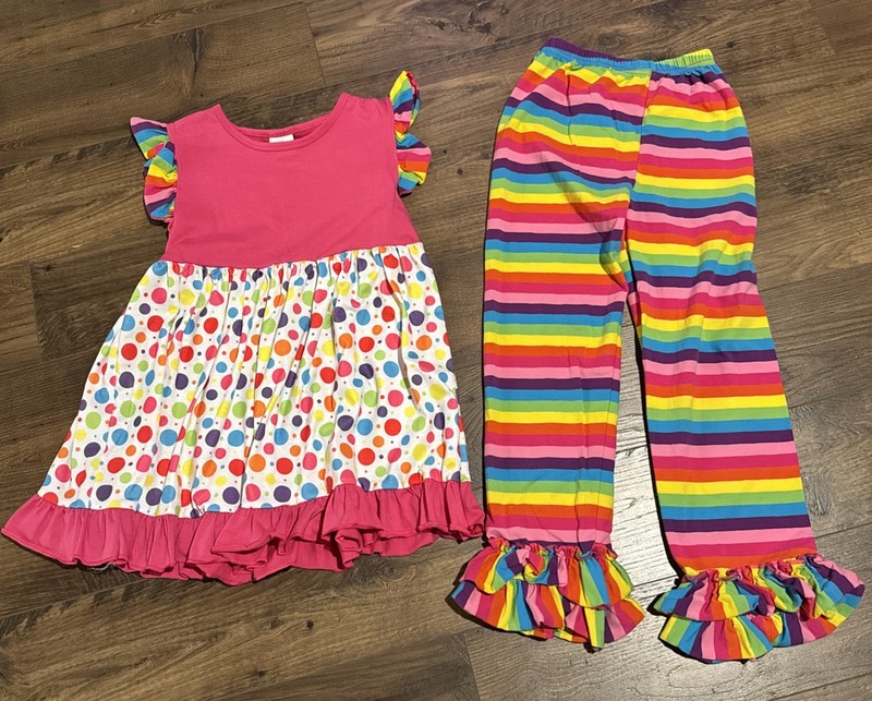 Polka Dot and Rainbow Stripe Set Girls 2 Piece Ruffle Top and Pants Set Size 8
