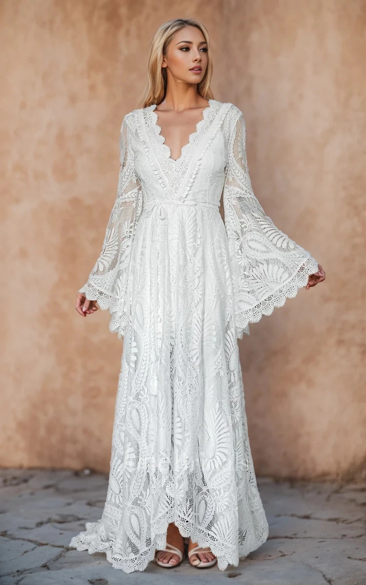 White Boho Long Sleeve Wedding Dresses for sale