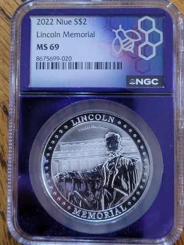 2022 NIUE S$2 Lincoln Memorial Purple Trader Bea Core NGC MS69 1 oz .999 Silver