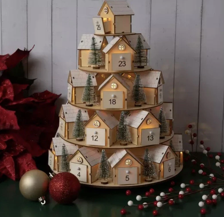 Hobby Lobby Light Up 5 Tier Wooden Village Rotating Advent Calendar Christmas - Image 2 of 4