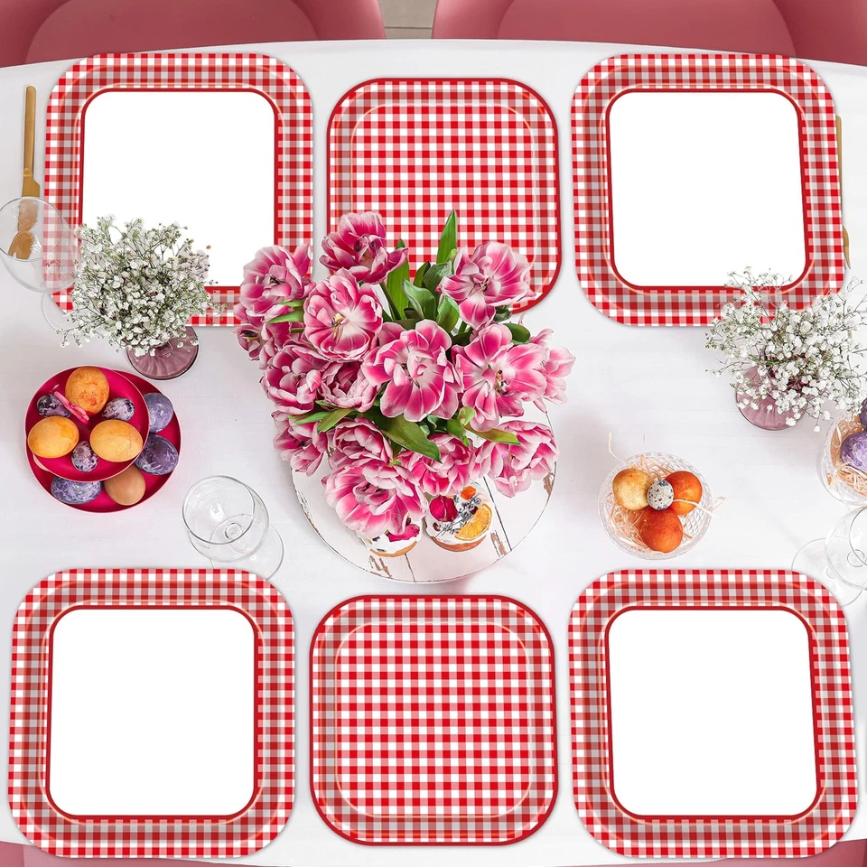 100 Pcs Red and White Gingham Party Supplies Set Checkered Plaid Plates Desse... - Image 4 of 4