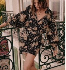 Sezane Capri Paisley Faux Wrap Dress Black Gold Mini 36 US 4
