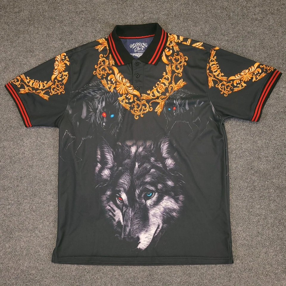 Polo Elite Para Hombre XL Negro Barroco Lobo Gráfico Rojo Azul Ojos Estilo Gótico Foto 2 de 4