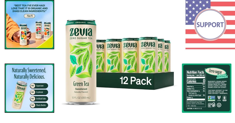 Té verde sin calorías - latas de 12 oz, paquete de 12 - bebida sin OGM y sin gluten Foto 2 de 4