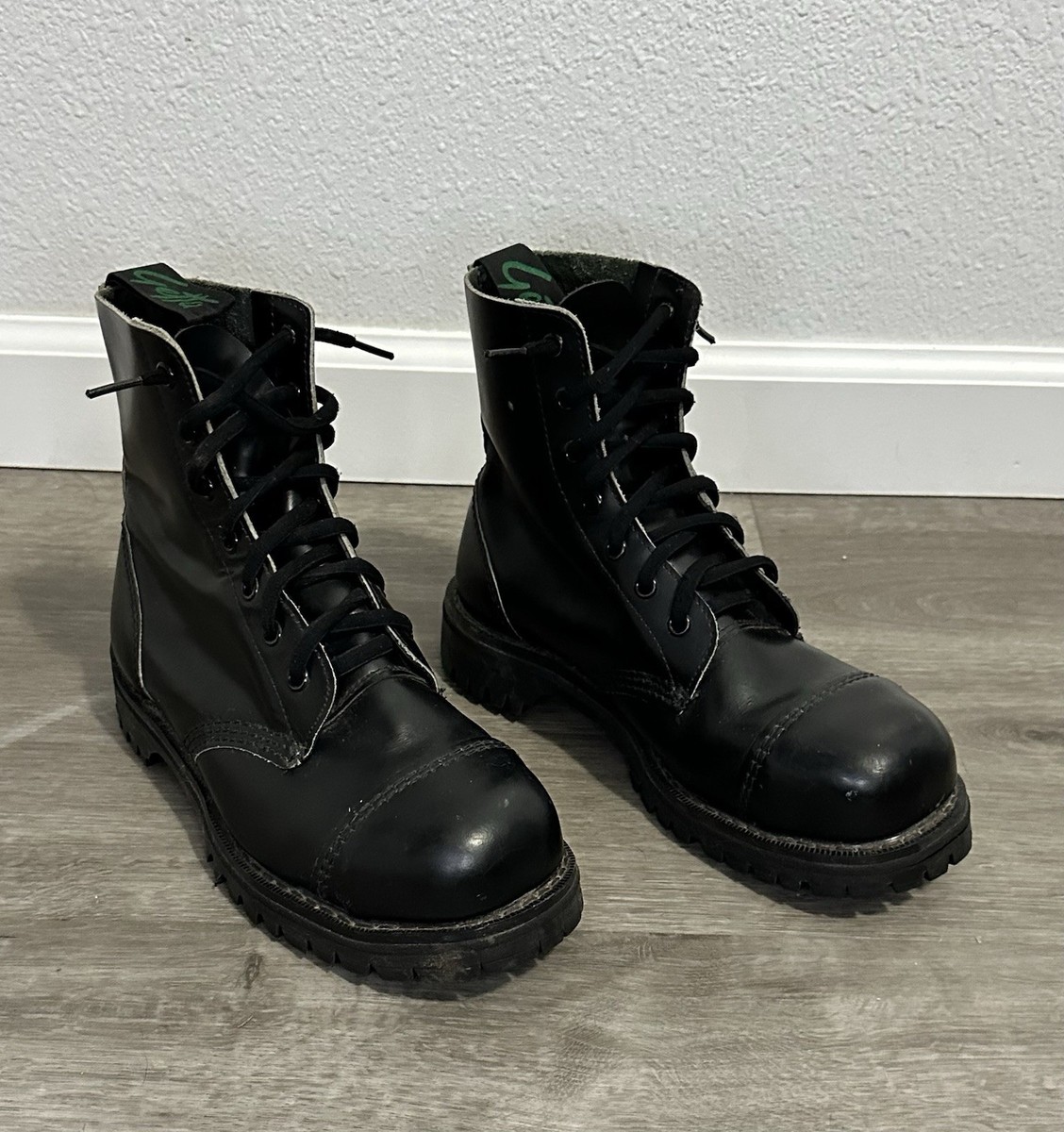 靴 getta grip England Steal Toe Boots UK6 Getta Grip Steel Toe Black Leather Combat Boots UK 6 Mens US