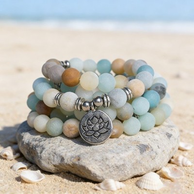 108 Mala Beads Amazonite Prayer Bracelet 8mm Beads Lotus Pendant Necklace