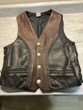 Vintage Leather Biker Vest Black Buffalo Nickel Snaps Side Lace Size S USA